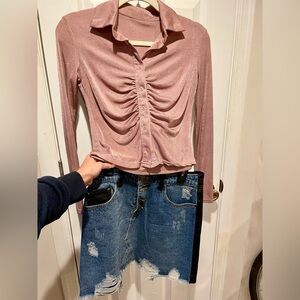 Pink top and denim leather mini skirt